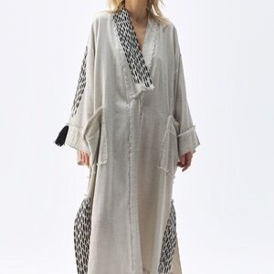 Simpuna Linen Gray Block Printed Unisex Kimono